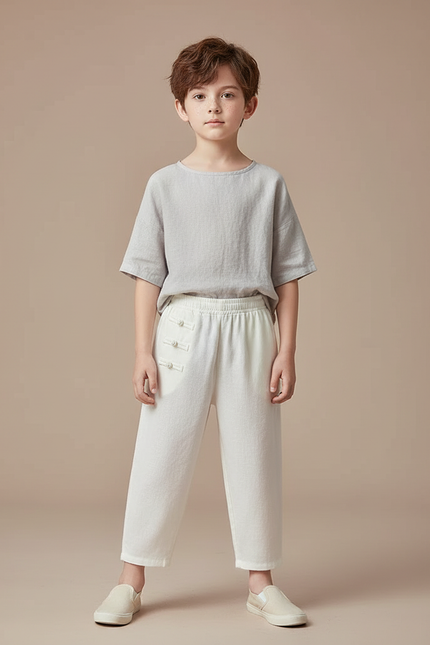 Pantalon Chinois Crème Ample Coton Traditionnel Enfant - Beige Lin