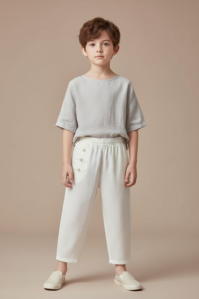 Pantalon Chinois Crème Ample Coton Traditionnel Enfant - Beige Lin