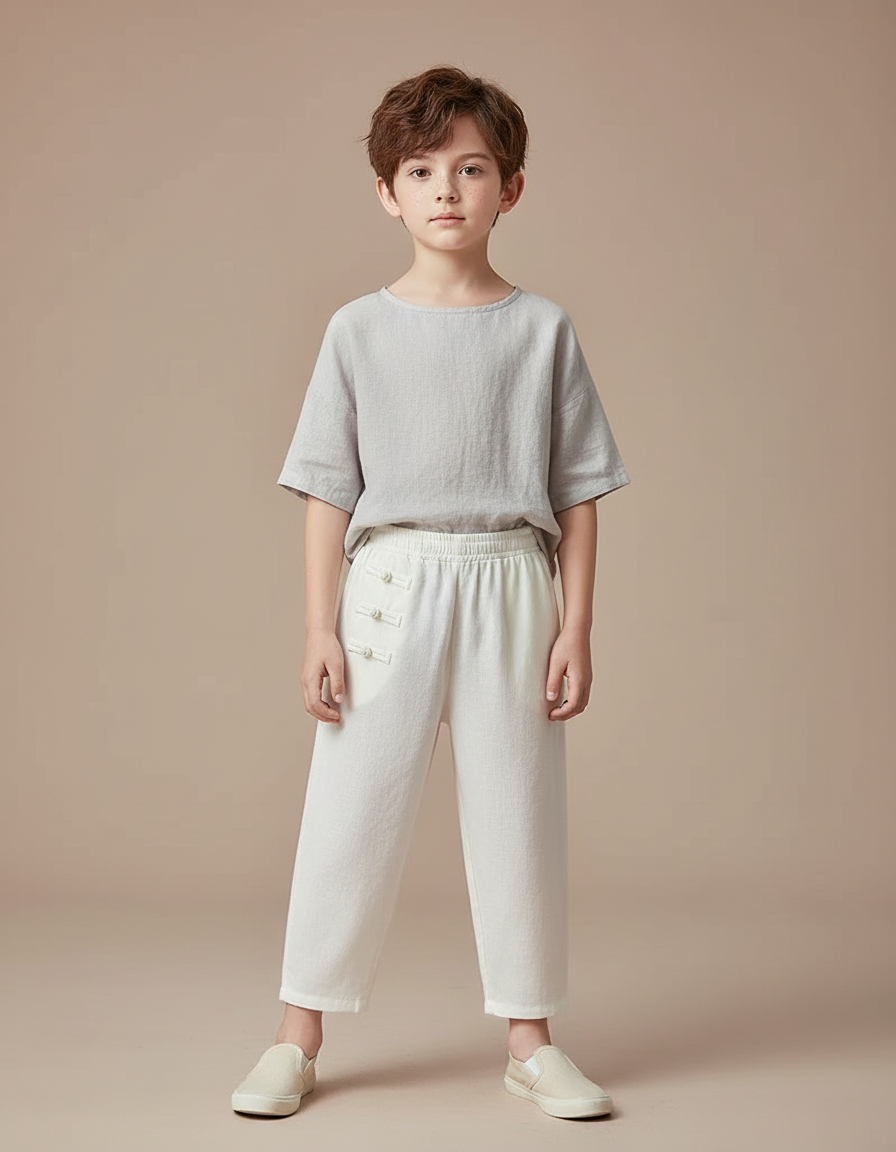 Pantalon Chinois Crème Ample Coton Traditionnel Enfant - Beige Lin