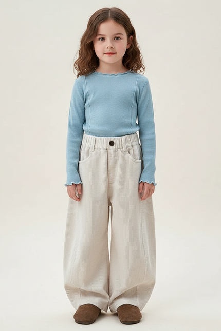 Pantalon Chinois Crème Côtelé Ample Décontracté Enfant - Beige Cordé