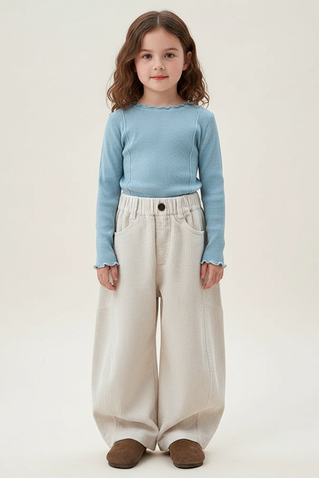 Pantalon Chinois Crème Côtelé Ample Décontracté Enfant - Beige Cordé