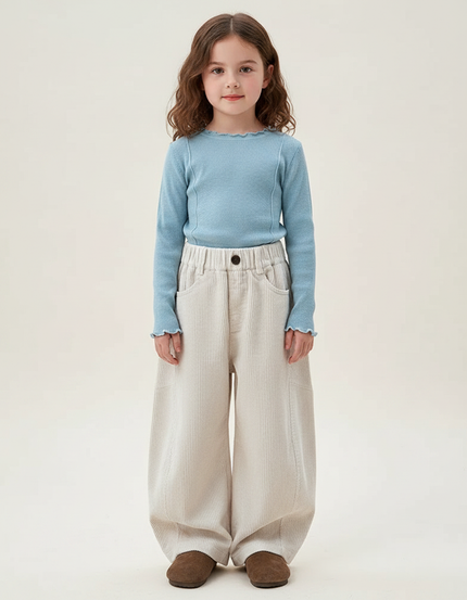 Pantalon Chinois Crème Côtelé Ample Décontracté Enfant - Beige Cordé