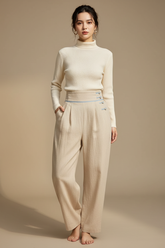 Pantalon Chinois Beige Ample Taille Haute Boutons - Laine