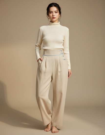 Pantalon Chinois Beige Ample Taille Haute Boutons - Laine