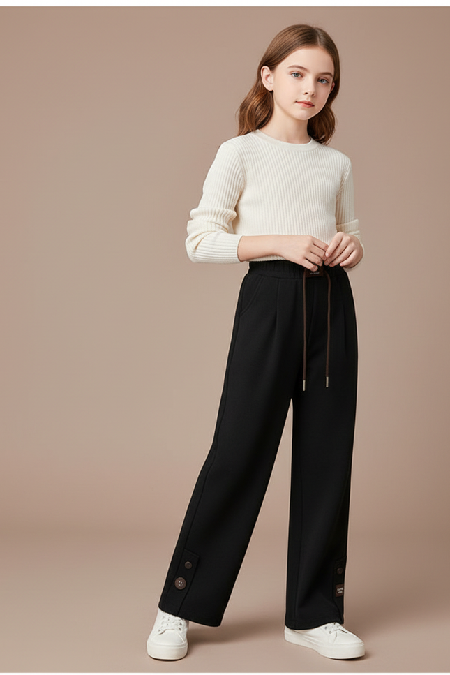 Pantalon Chinois Noir Ample Velours Boutons Fille - Molleton