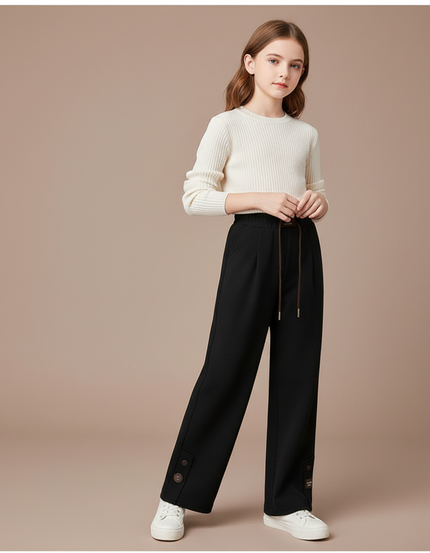 Pantalon Chinois Noir Ample Velours Boutons Fille - Molleton