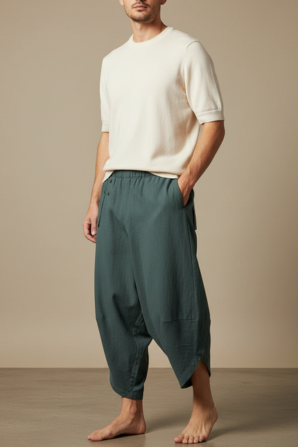 Pantalon Chinois Vert Ample Lin Décontracté Homme