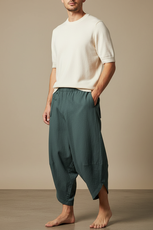 Pantalon Chinois Vert Ample Lin Décontracté Homme