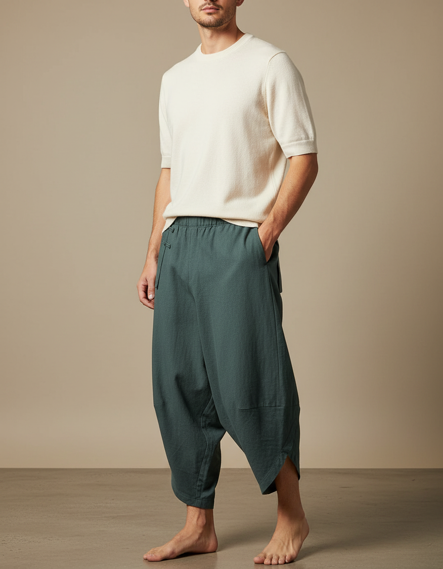 Pantalon Chinois Vert Ample Lin Décontracté Homme