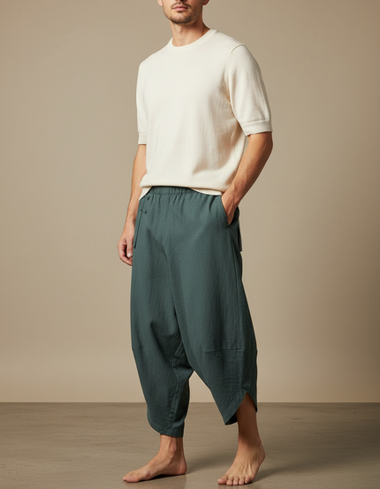 Pantalon Chinois Vert Ample Lin Décontracté Homme