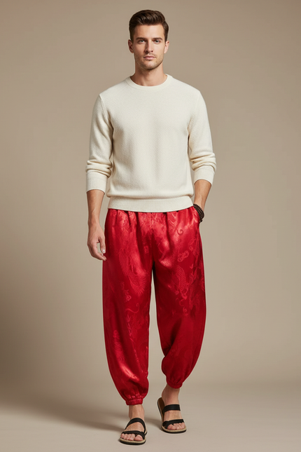 Pantalon Chinois Rouge Soie Dragon Ample Homme
