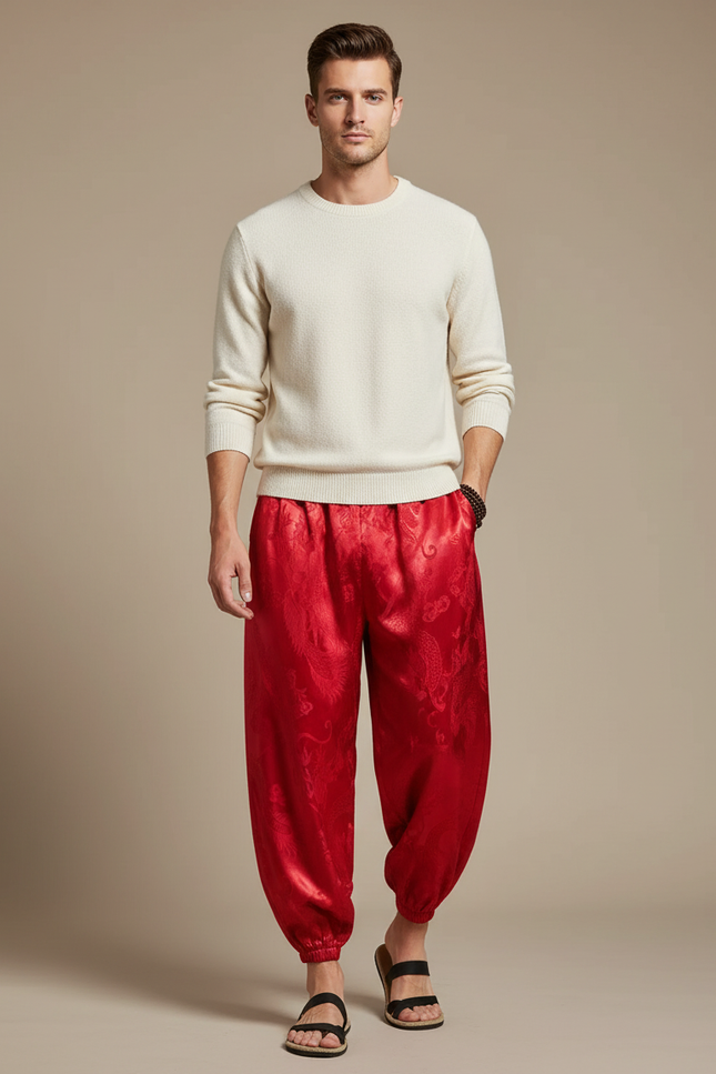 Pantalon Chinois Rouge Soie Dragon Ample Homme