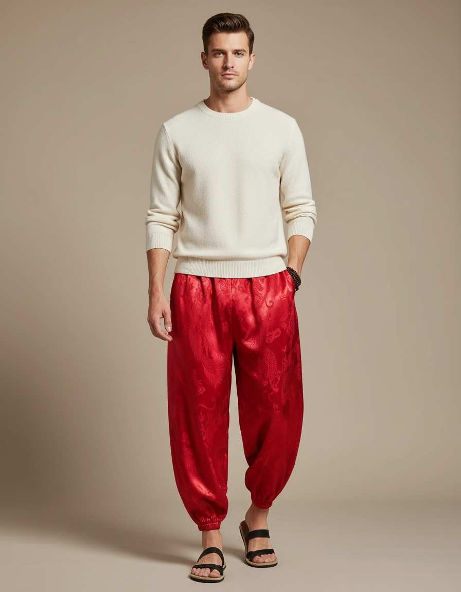 Pantalon Chinois Rouge Soie Dragon Ample Homme