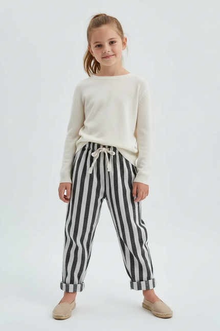Pantalon Chinois Rayé Noir Blanc Coton Ample Fille - Multicolore