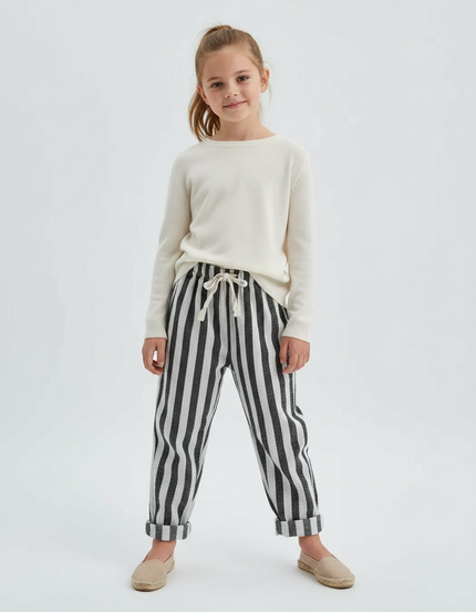 Pantalon Chinois Rayé Noir Blanc Coton Ample Fille - Multicolore