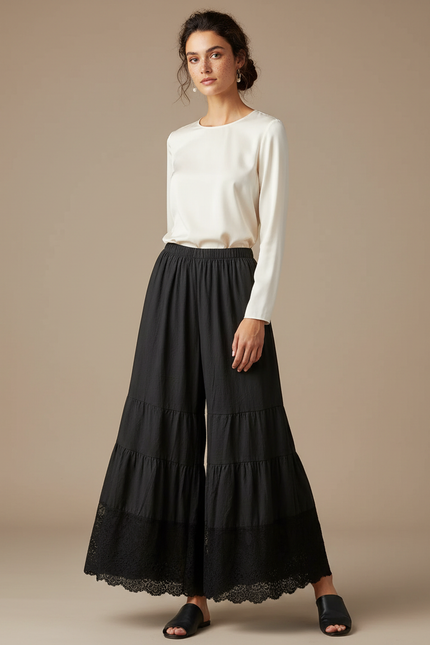 Pantalon Chinois Noir Ample Dentelle Bohème Fluide - Lin