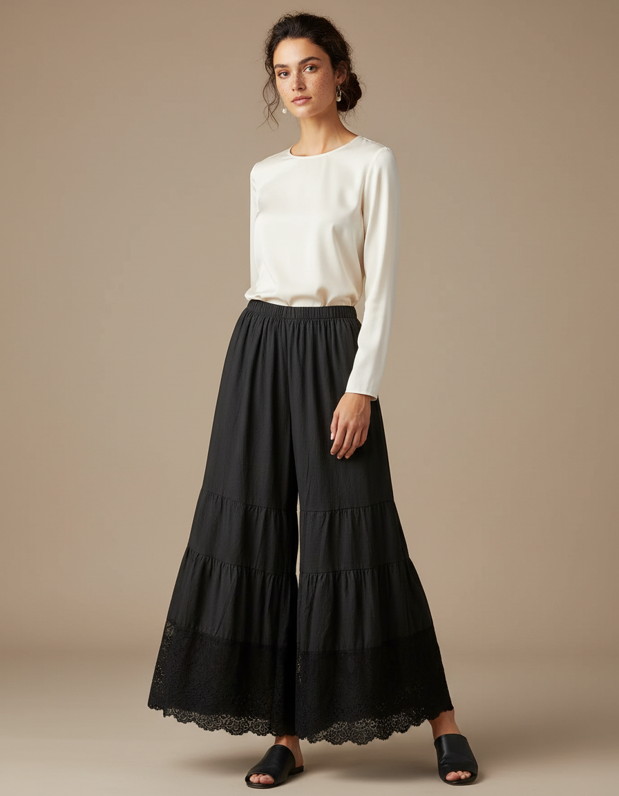 Pantalon Chinois Noir Ample Dentelle Bohème Fluide - Lin