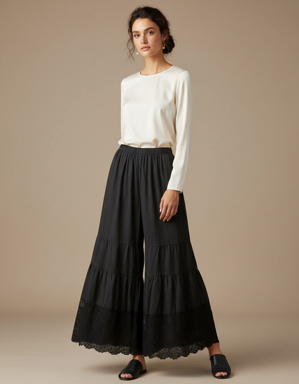 Pantalon Chinois Noir Ample Dentelle Bohème Fluide - Lin