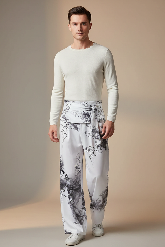 Pantalon Chinois Blanc Ample Encre Dragon Homme - Polyester
