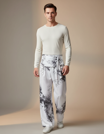 Pantalon Chinois Blanc Ample Encre Dragon Homme - Polyester