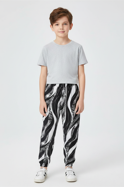 Pantalon Chinois Noir Blanc Ample Imprimé Garçon - Viscose