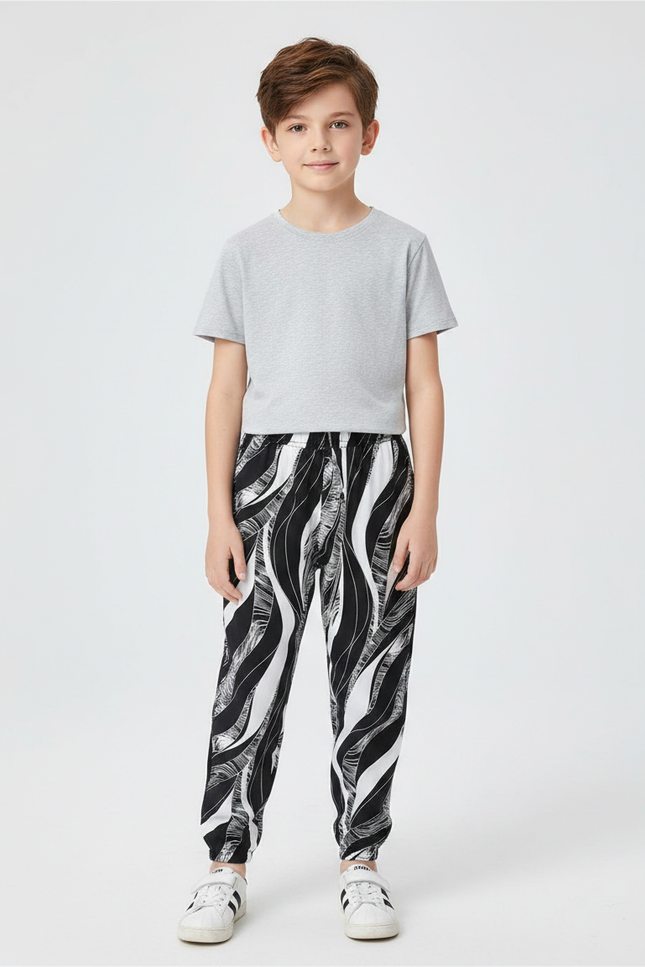Pantalon Chinois Noir Blanc Ample Imprimé Garçon - Viscose