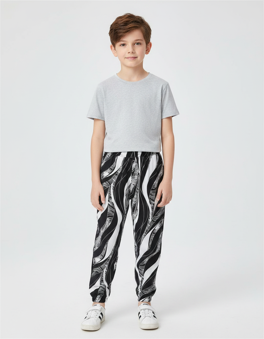 Pantalon Chinois Noir Blanc Ample Imprimé Garçon - Viscose