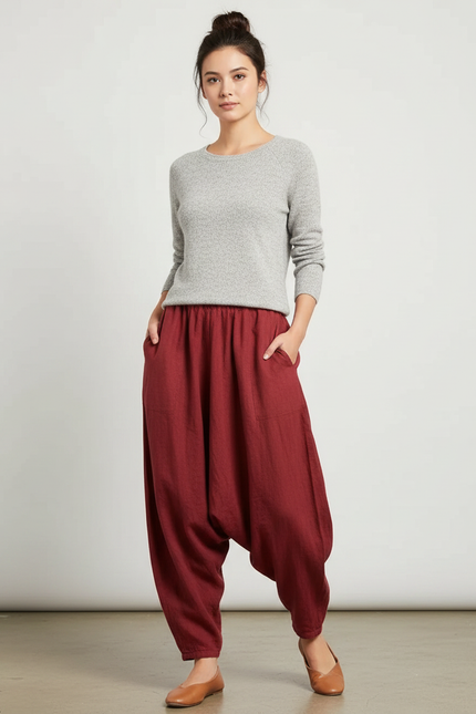 Pantalon Chinois Rouge Harem Lin Ample Décontracté Fluide - Bordeaux