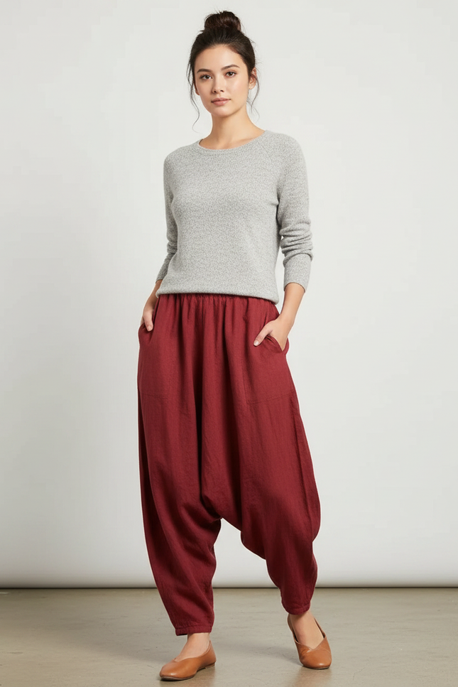Pantalon Chinois Rouge Harem Lin Ample Décontracté Fluide - Bordeaux