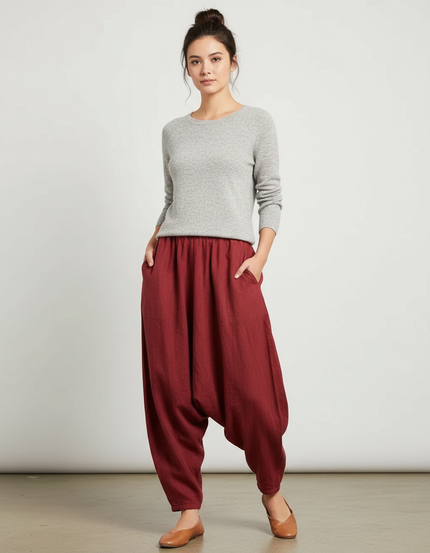 Pantalon Chinois Rouge Harem Lin Ample Décontracté Fluide - Bordeaux