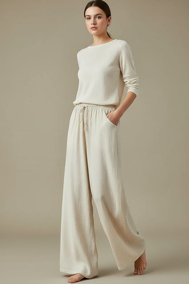 Pantalon Chinois Beige Ample Coton Lin Fluide