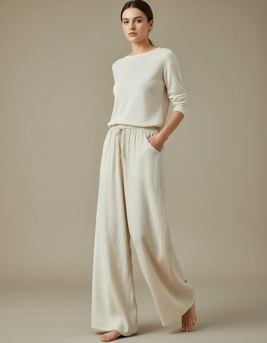 Pantalon Chinois Beige Ample Coton Lin Fluide