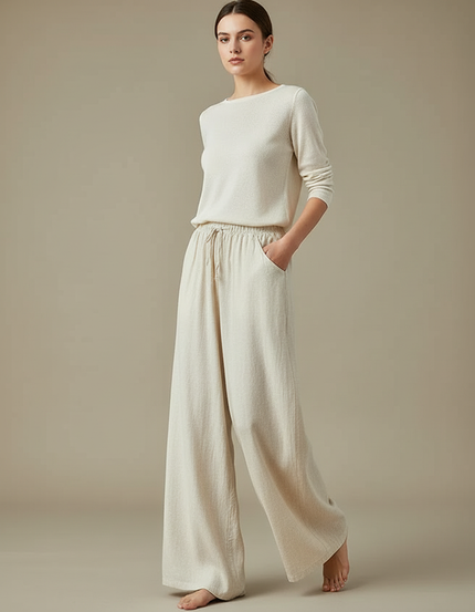 Pantalon Chinois Beige Ample Coton Lin Fluide