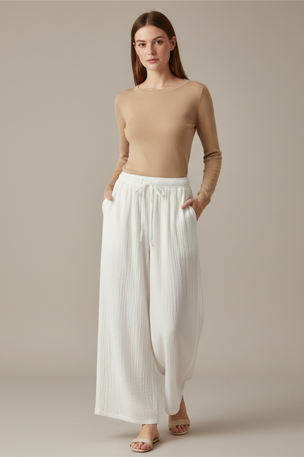 Pantalon Chinois Blanc Ample Coton Fluide Décontracté