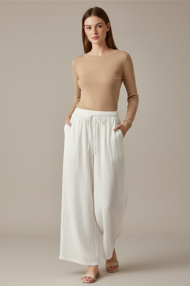 Pantalon Chinois Blanc Ample Coton Fluide Décontracté