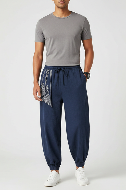 Pantalon Chinois Bleu Marine Brodé Harem Coton Homme