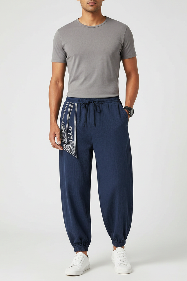 Pantalon Chinois Bleu Marine Brodé Harem Coton Homme