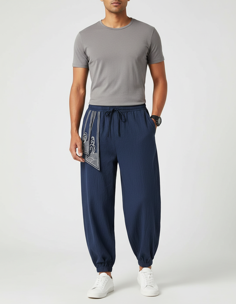 Pantalon Chinois Bleu Marine Brodé Harem Coton Homme