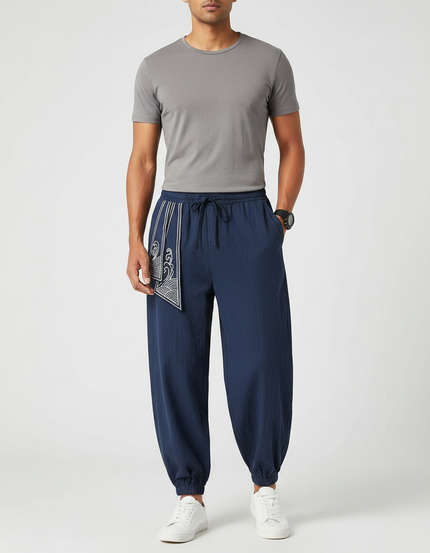 Pantalon Chinois Bleu Marine Brodé Harem Coton Homme