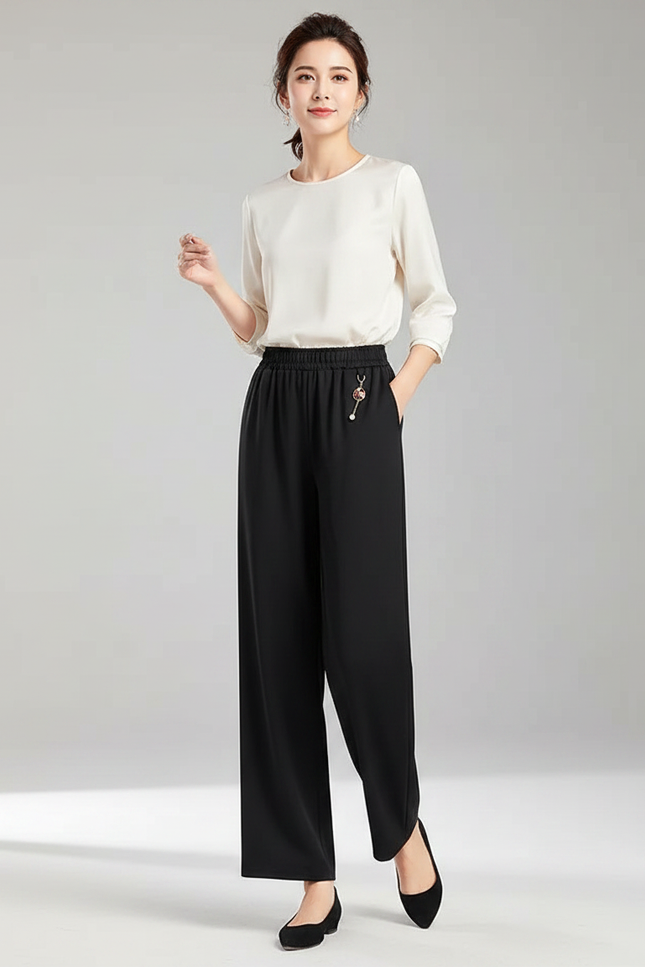 Pantalon Chinois Noir Ample Fluide Taille Élastique - Polyester