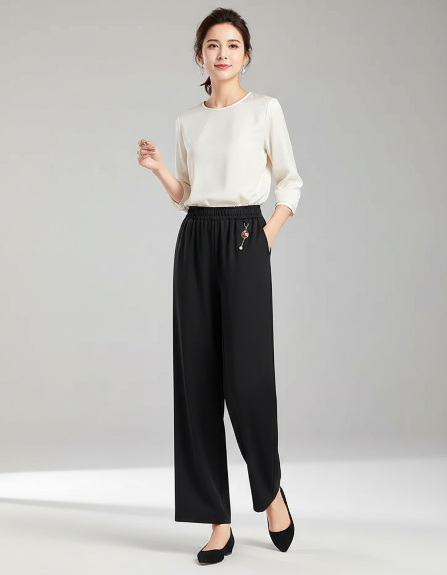 Pantalon Chinois Noir Ample Fluide Taille Élastique - Polyester