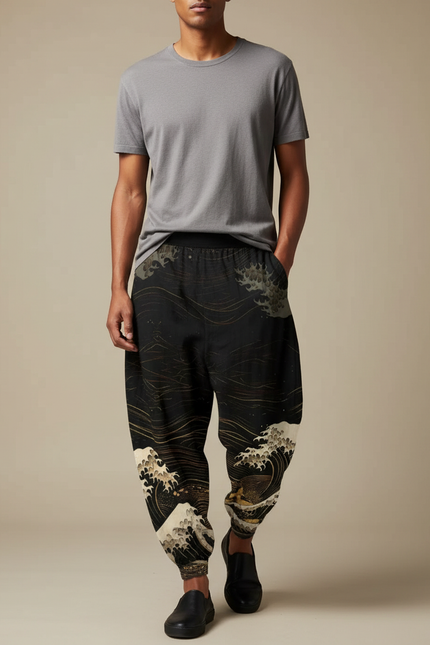 Pantalon Chinois Noir Ample Hokusai Motif Vagues Fluide - Viscose