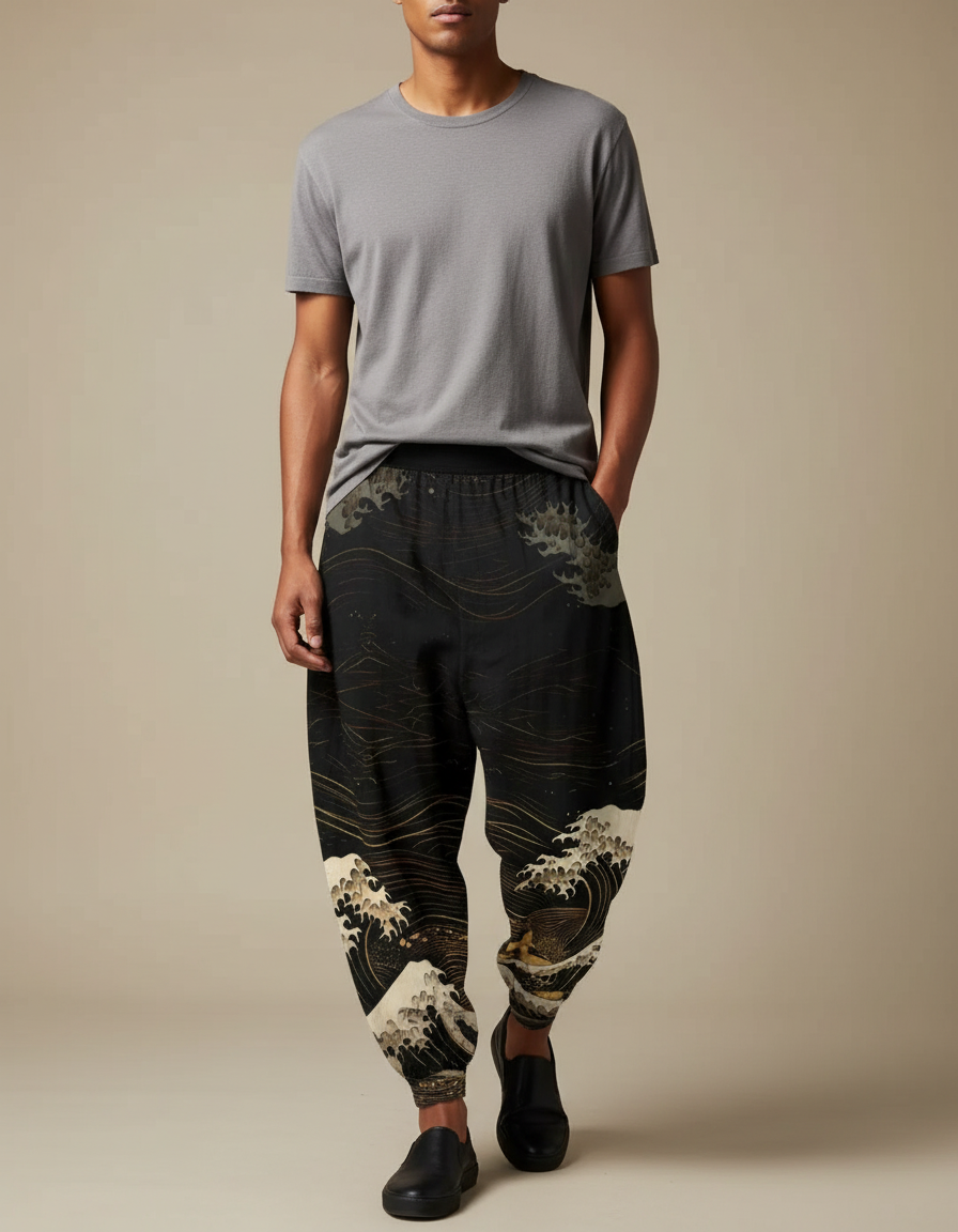 Pantalon Chinois Noir Ample Hokusai Motif Vagues Fluide - Viscose