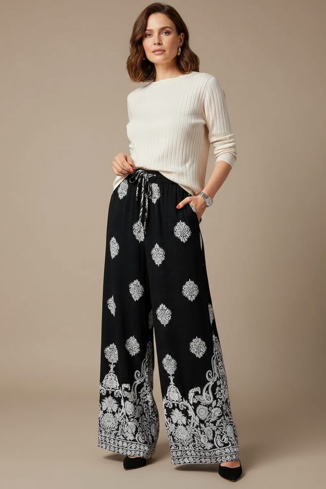 Pantalon Chinois Noir Imprimé Floral Ample Fluide Cordon - Viscose