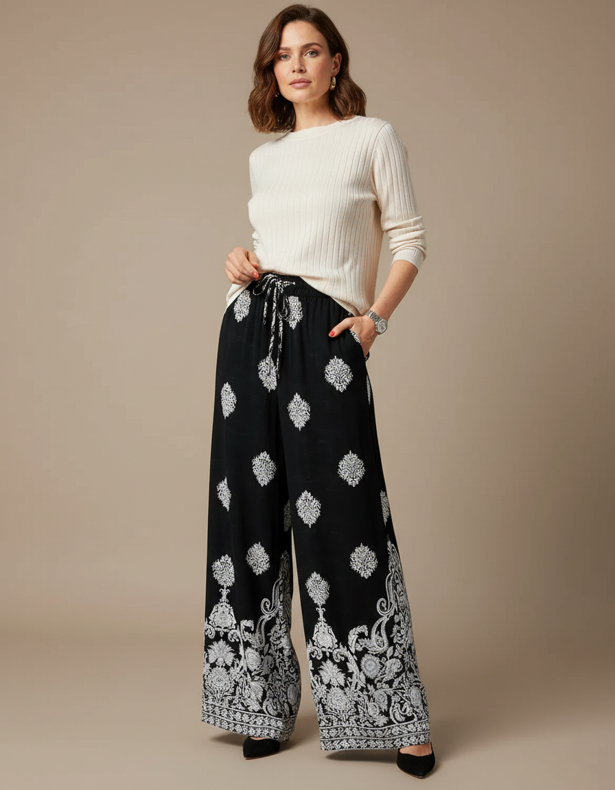Pantalon Chinois Noir Imprimé Floral Ample Fluide Cordon - Viscose