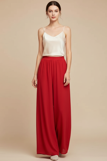 Pantalon Chinois Rouge Ample Fluide Chiffon Femme - Polyester