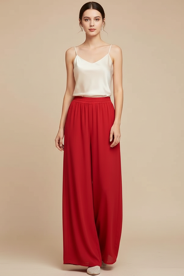 Pantalon Chinois Rouge Ample Fluide Chiffon Femme - Polyester