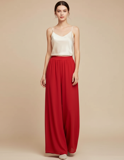 Pantalon Chinois Rouge Ample Fluide Chiffon Femme - Polyester