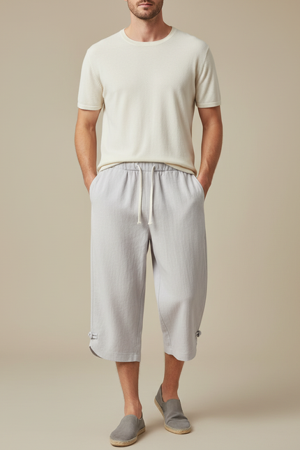 Pantalon Chinois Gris Clair Lin Coton Décontracté Ample