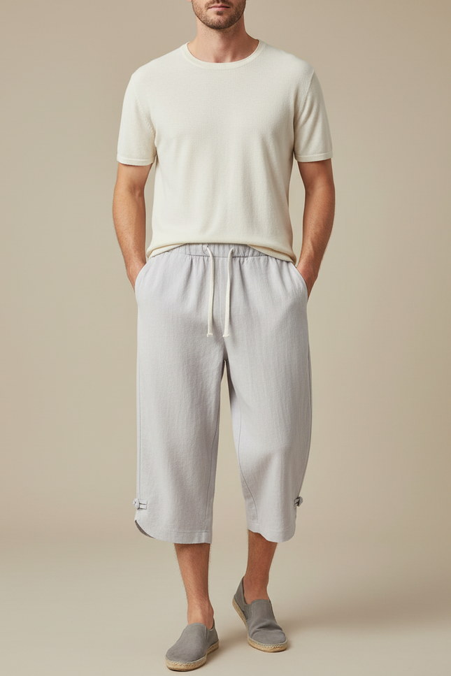 Pantalon Chinois Gris Clair Lin Coton Décontracté Ample
